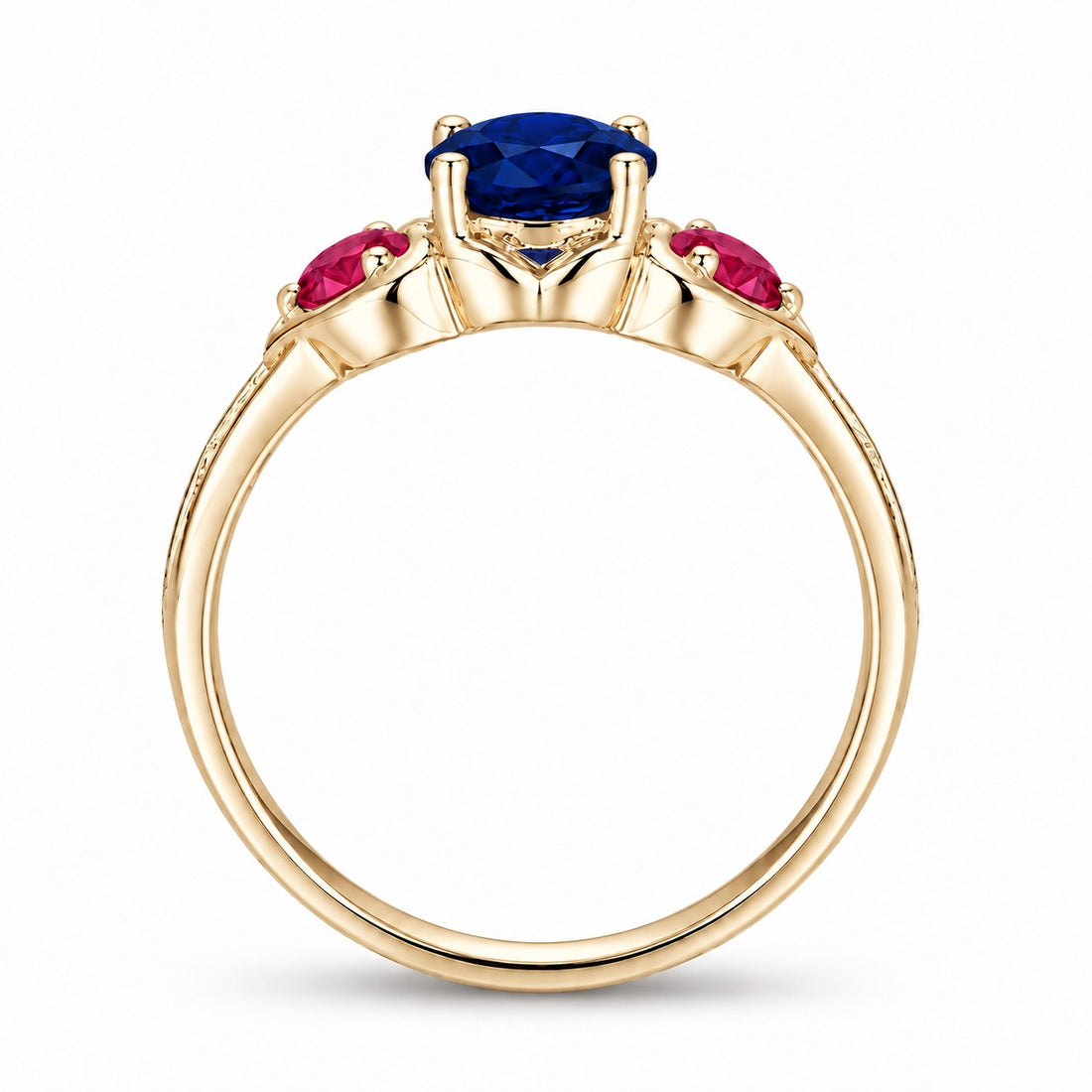 Sapphire and ruby three-stone ring with leaf band in 14K yellow gold, profile view