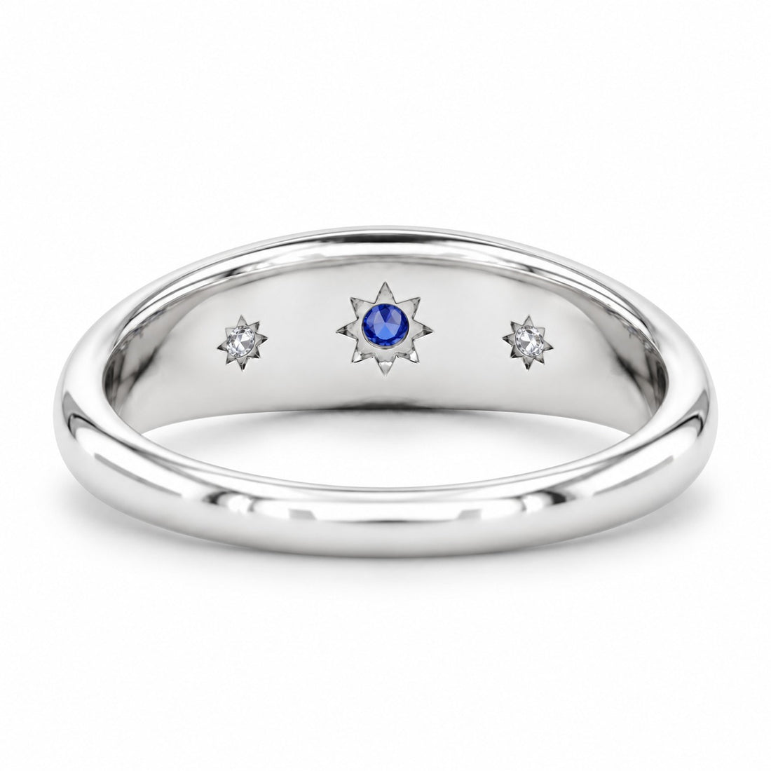 The Stella blue sapphire star-set dome band in 14K white gold, back view