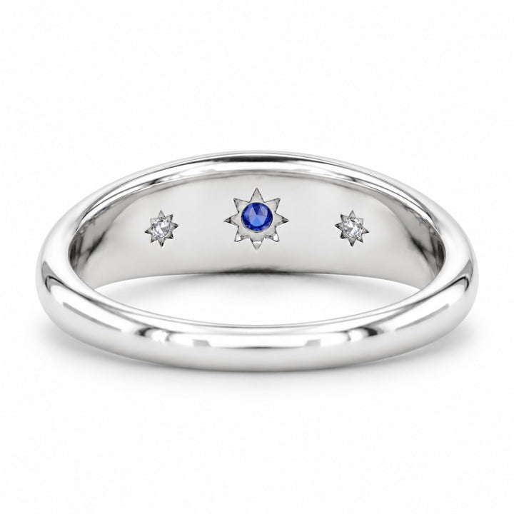 The Stella blue sapphire star-set dome band in 14K white gold, back view