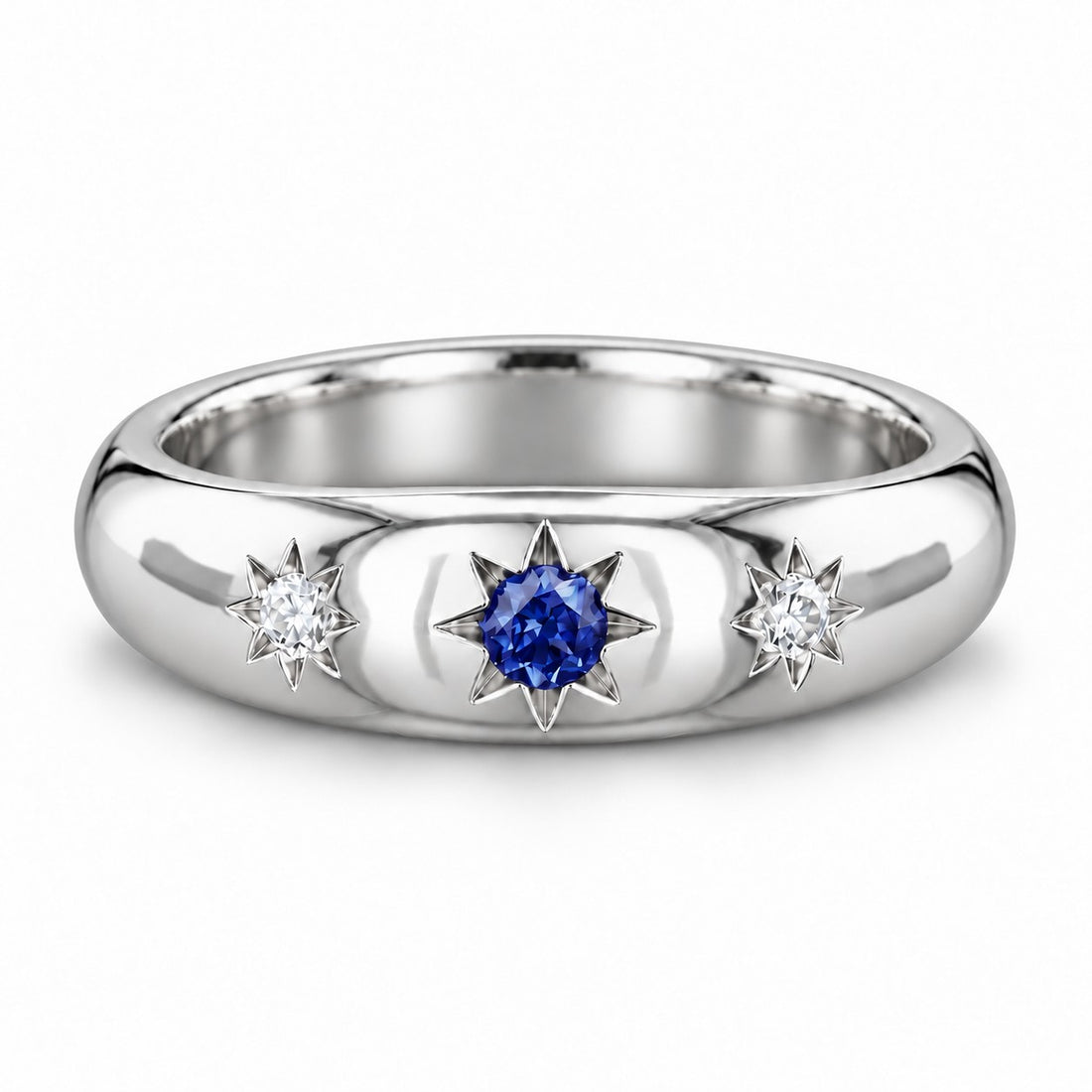 The Stella — Blue Round Sapphire Star-Set Dome Band Ring in platinum, front view