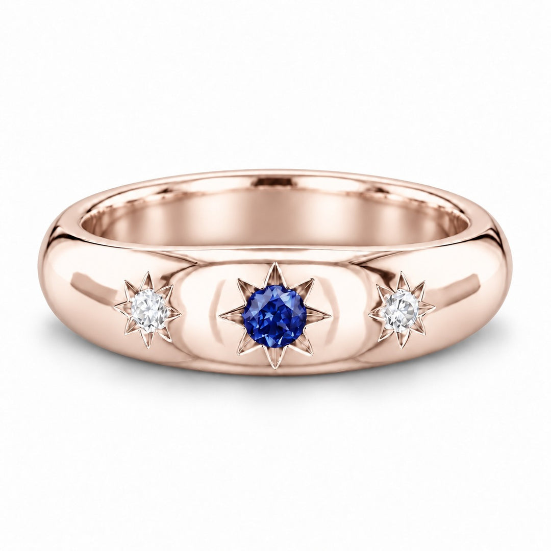 The Stella — Blue Round Sapphire Star-Set Dome Band Ring in 14K rose gold, front view