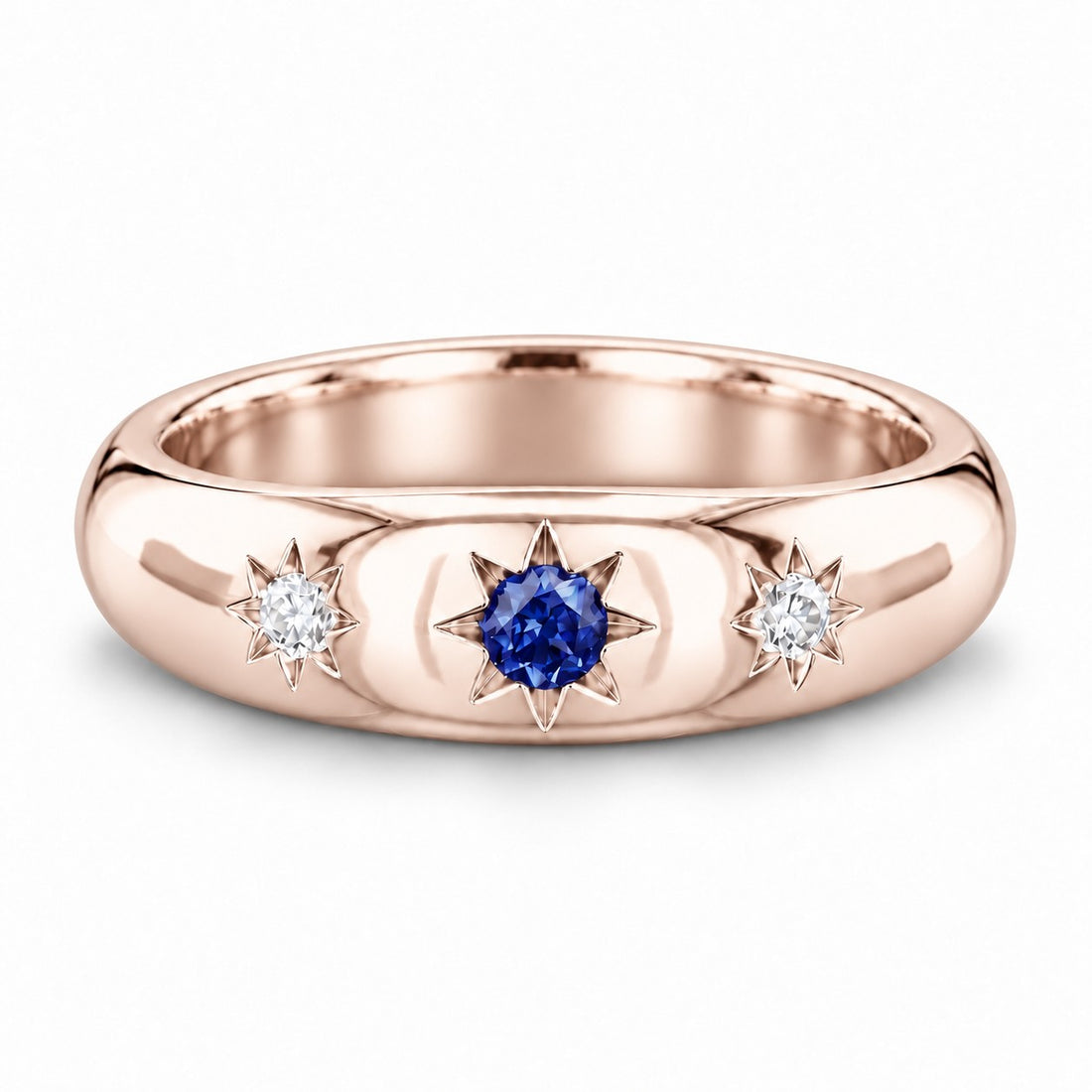 The Stella — Blue Round Sapphire Star-Set Dome Band Ring in 14K rose gold, front view