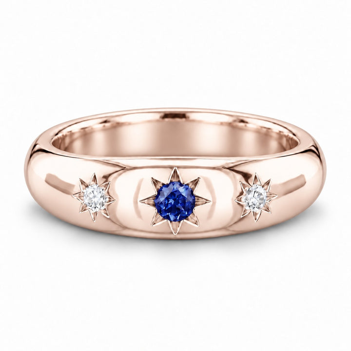 The Stella — Blue Round Sapphire Star-Set Dome Band Ring in 14K rose gold, front view