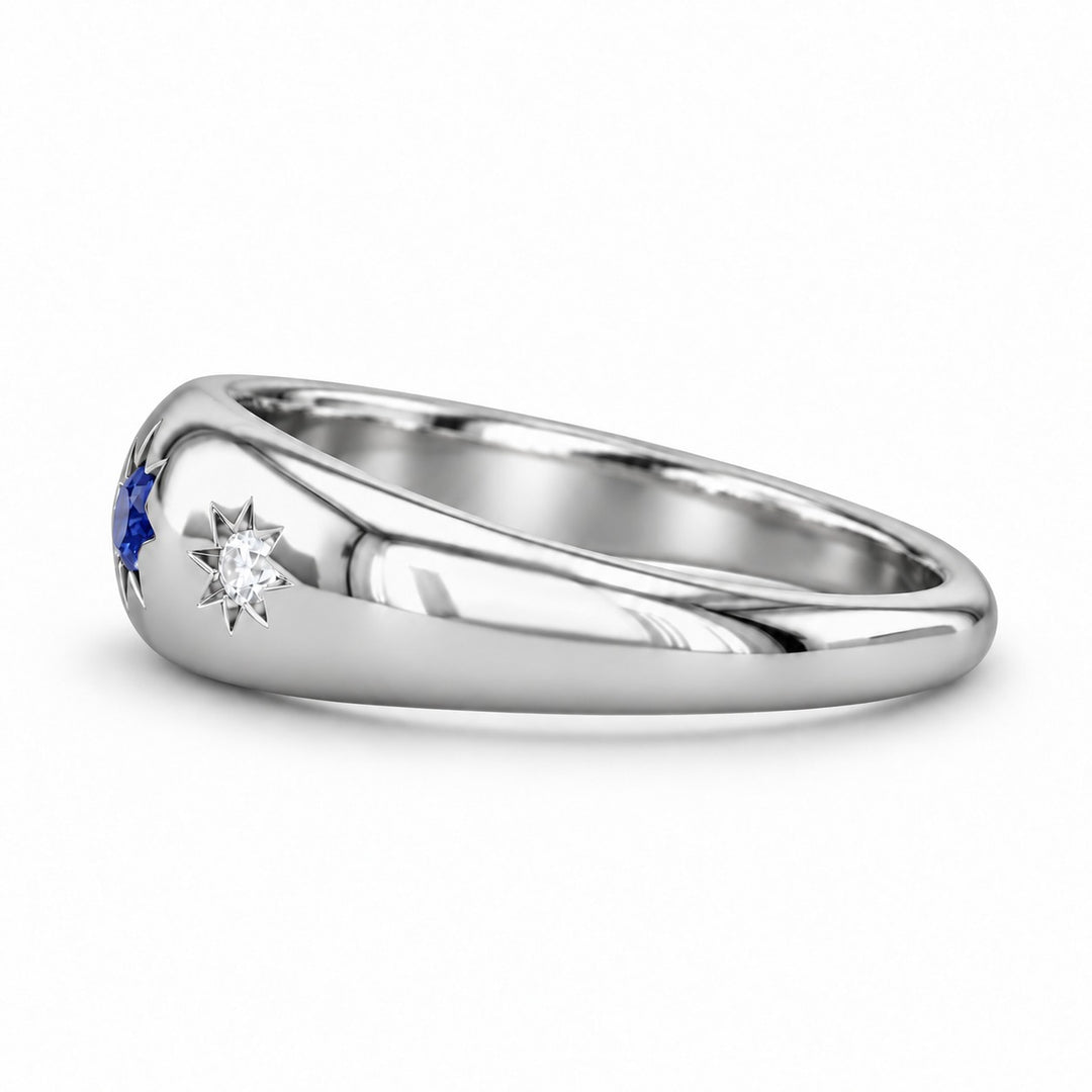The Stella blue sapphire star-set dome band in platinum, side view