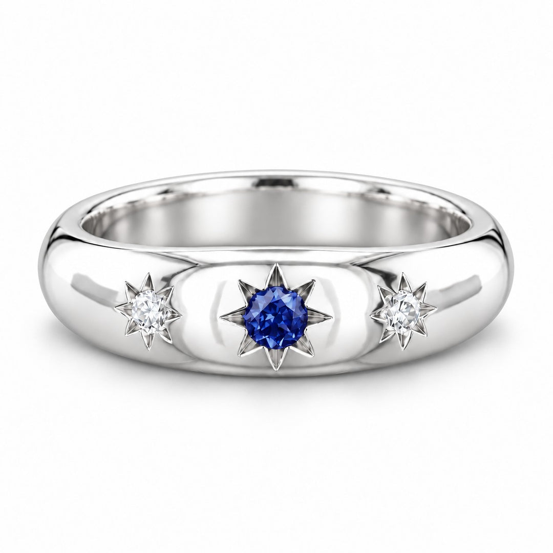 The Stella — Blue Round Sapphire Star-Set Dome Band Ring in 14K white gold, front view