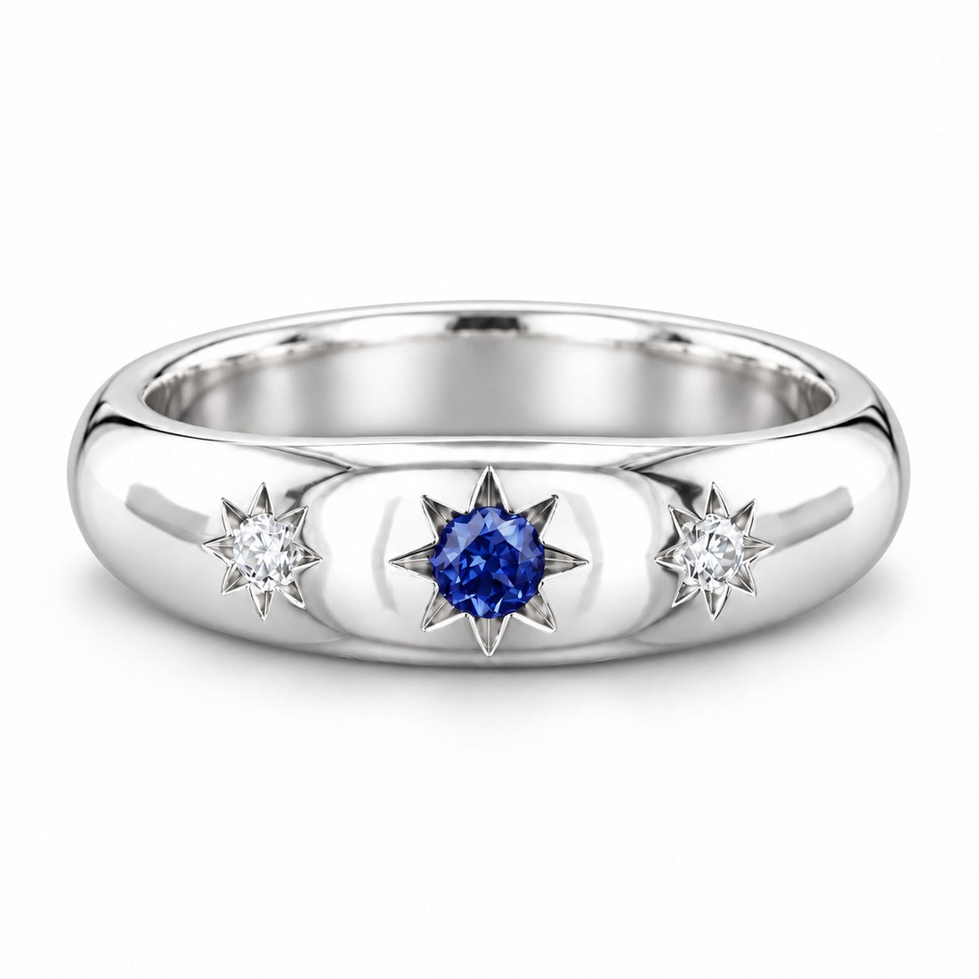 The Stella — Blue Round Sapphire Star-Set Dome Band Ring in 14K white gold, front view