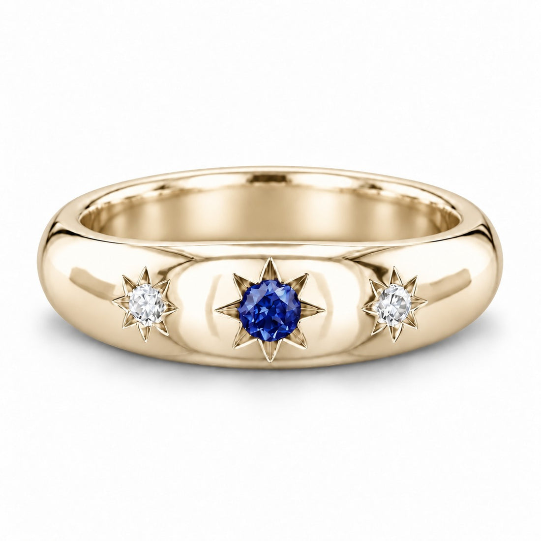 The Stella — Blue Round Sapphire Star-Set Dome Band Ring in 14K yellow gold, front view