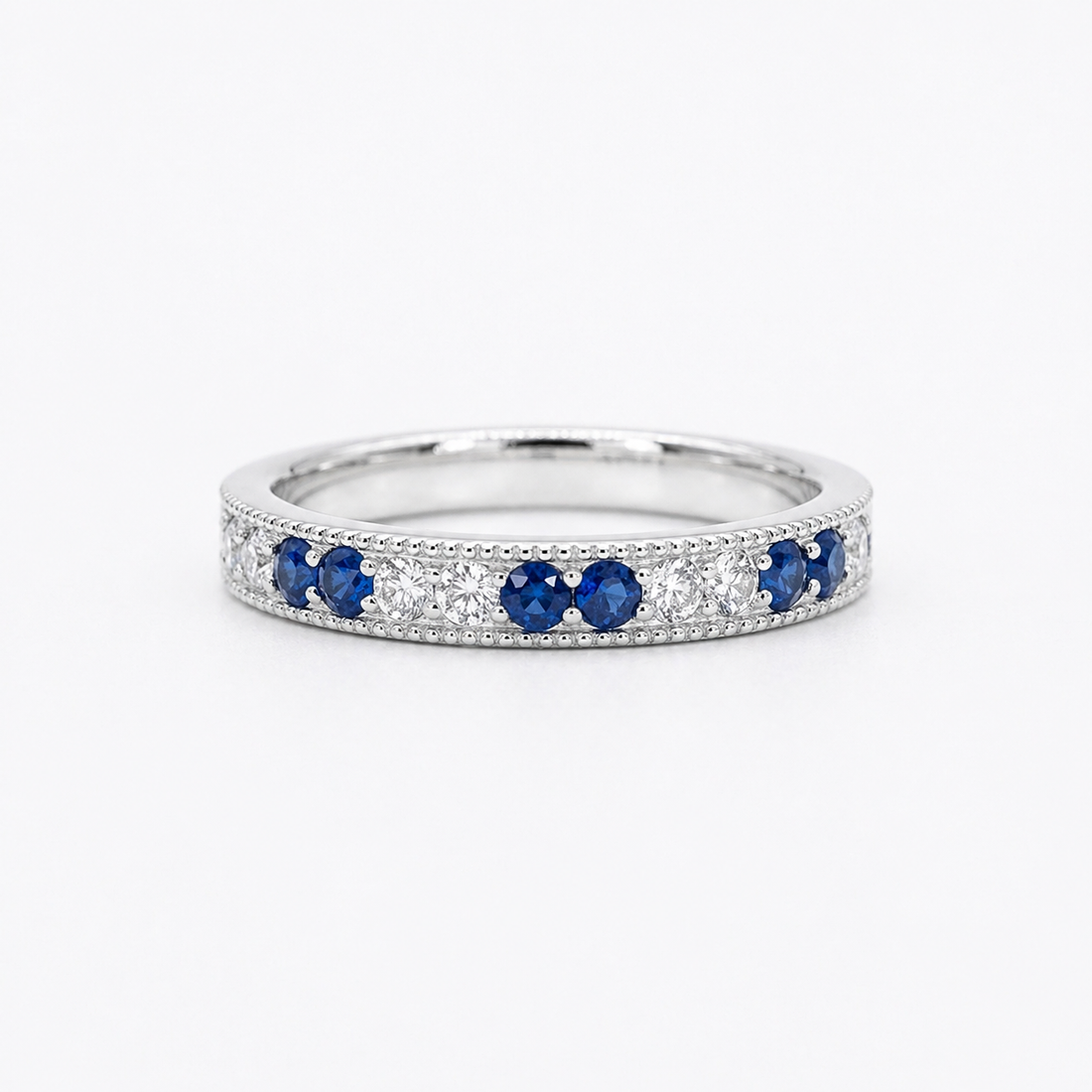 Lab sapphire and diamond vintage eternity band, 2.5mm, view 8