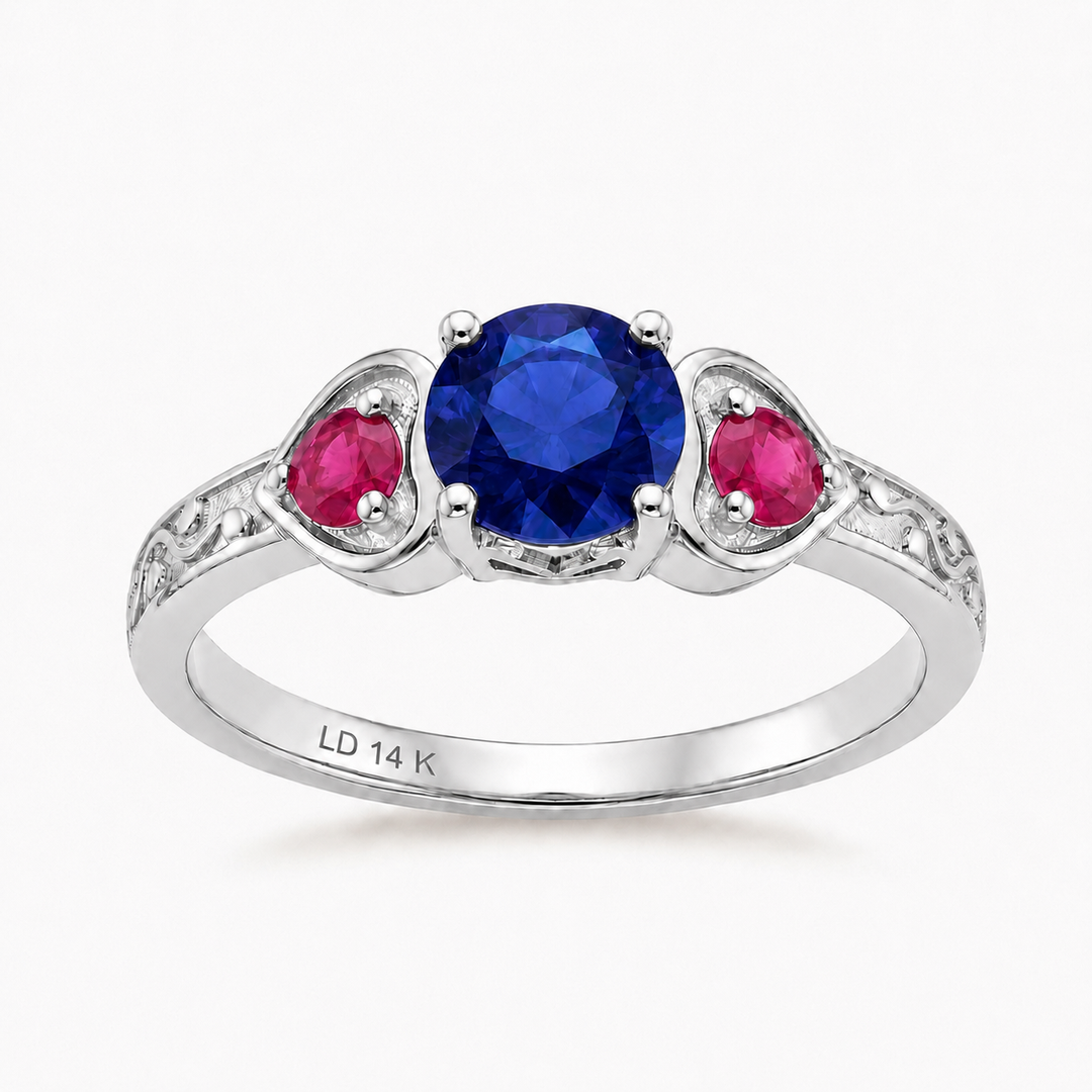 "Sapphire & Ruby" Three-Stone Ring