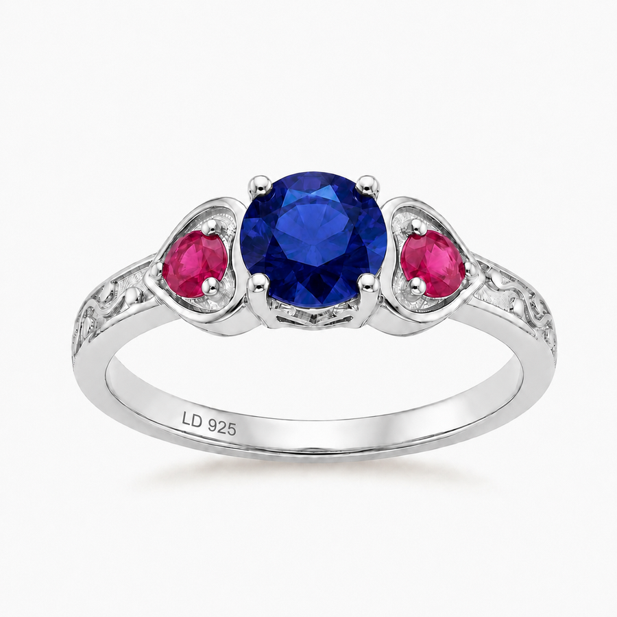 "Sapphire & Ruby" Three-Stone Ring