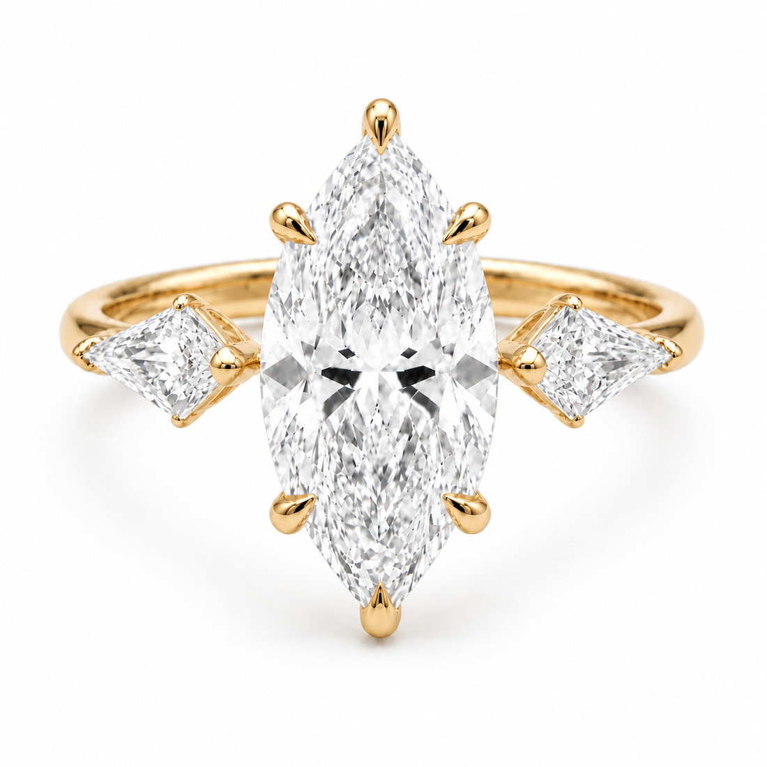 The Seraphine marquise lab diamond three-stone ring in 14K yellow gold
