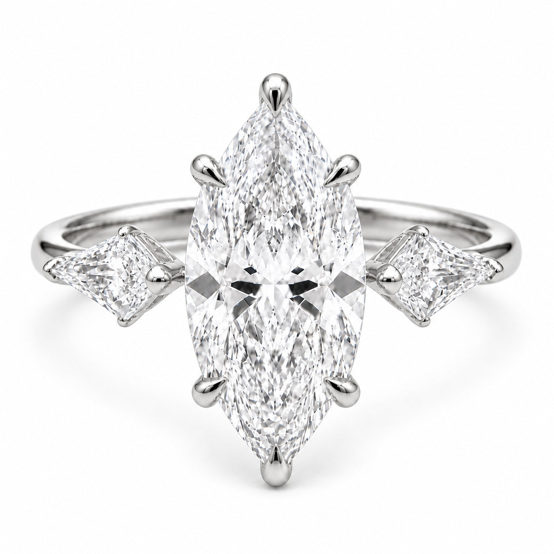 The Seraphine marquise lab diamond three-stone ring in 14K white gold