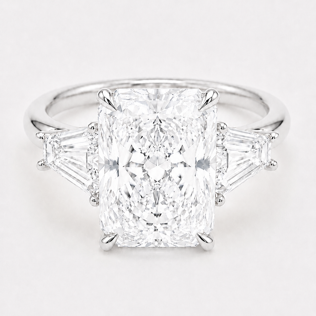 The Silhouette radiant lab diamond three-stone ring in 14K white gold