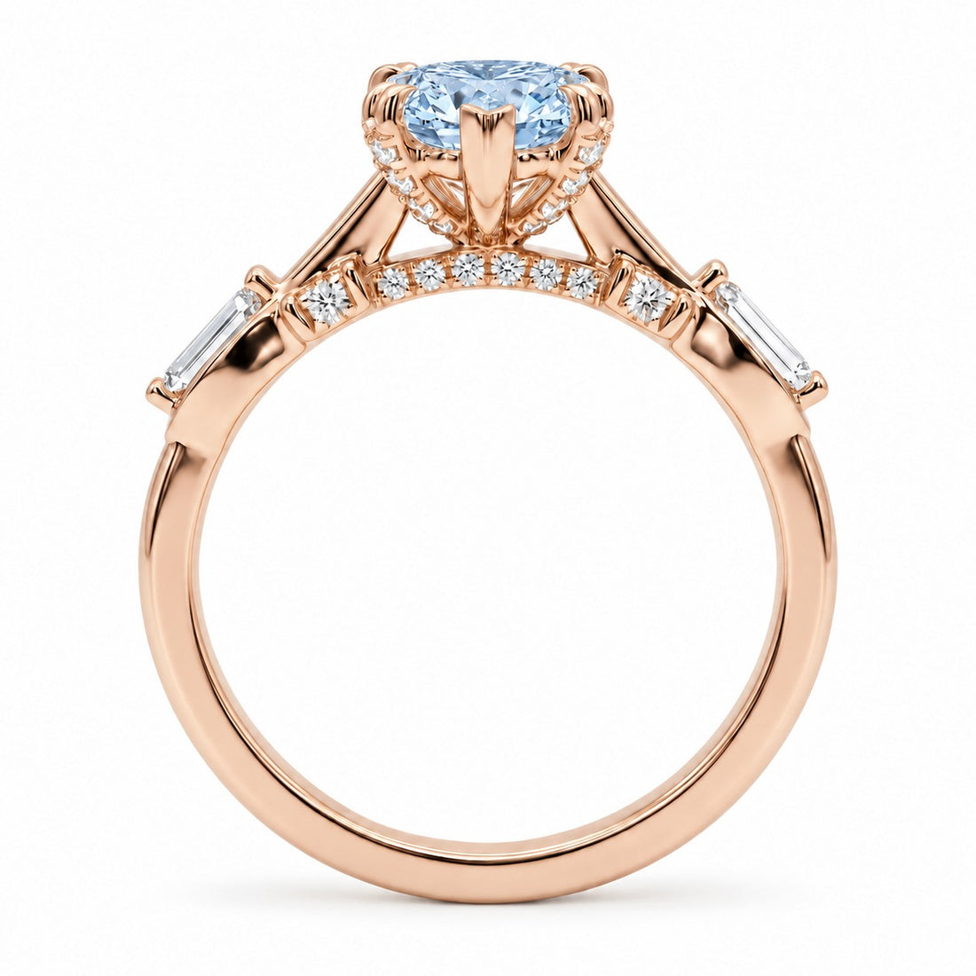 The Sovereign Crest with a blue lab-grown marquise diamond in 14K rose gold, bridge detail
