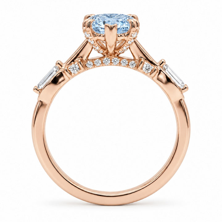 The Sovereign Crest with a blue lab-grown marquise diamond in 14K rose gold, bridge detail