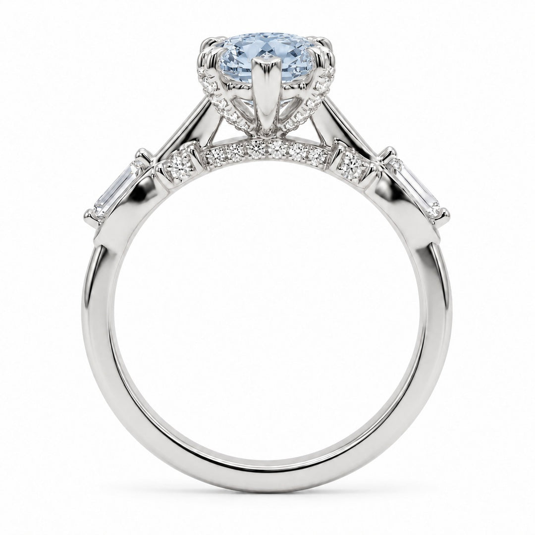 The Sovereign Crest with a blue lab-grown marquise diamond in 14K white gold, bridge detail