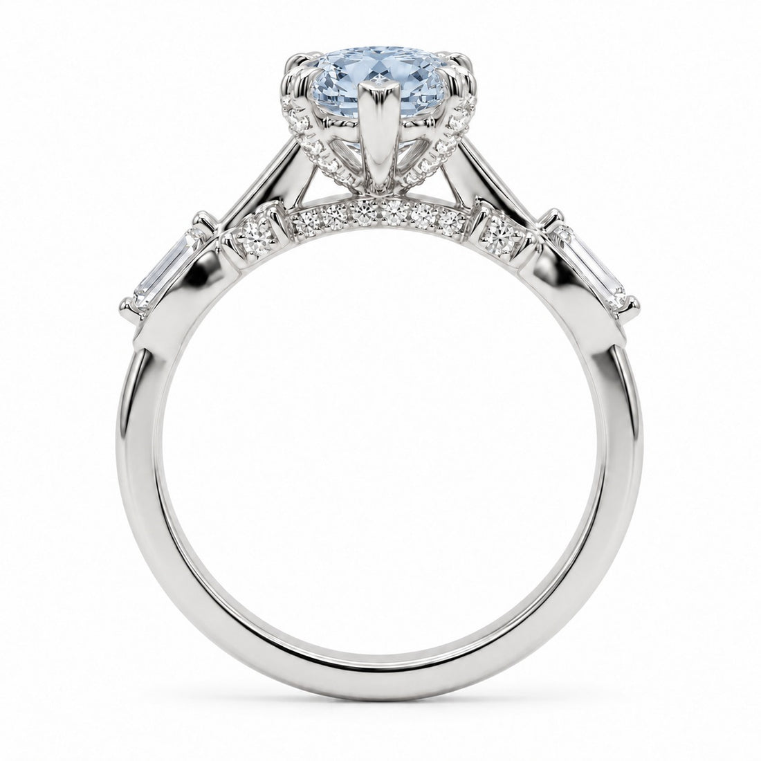 The Sovereign Crest with a blue lab-grown marquise diamond in 14K white gold, bridge detail