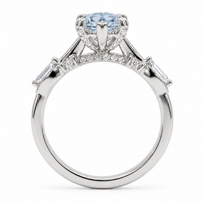The Sovereign Crest with a blue lab-grown marquise diamond in 14K white gold, bridge detail
