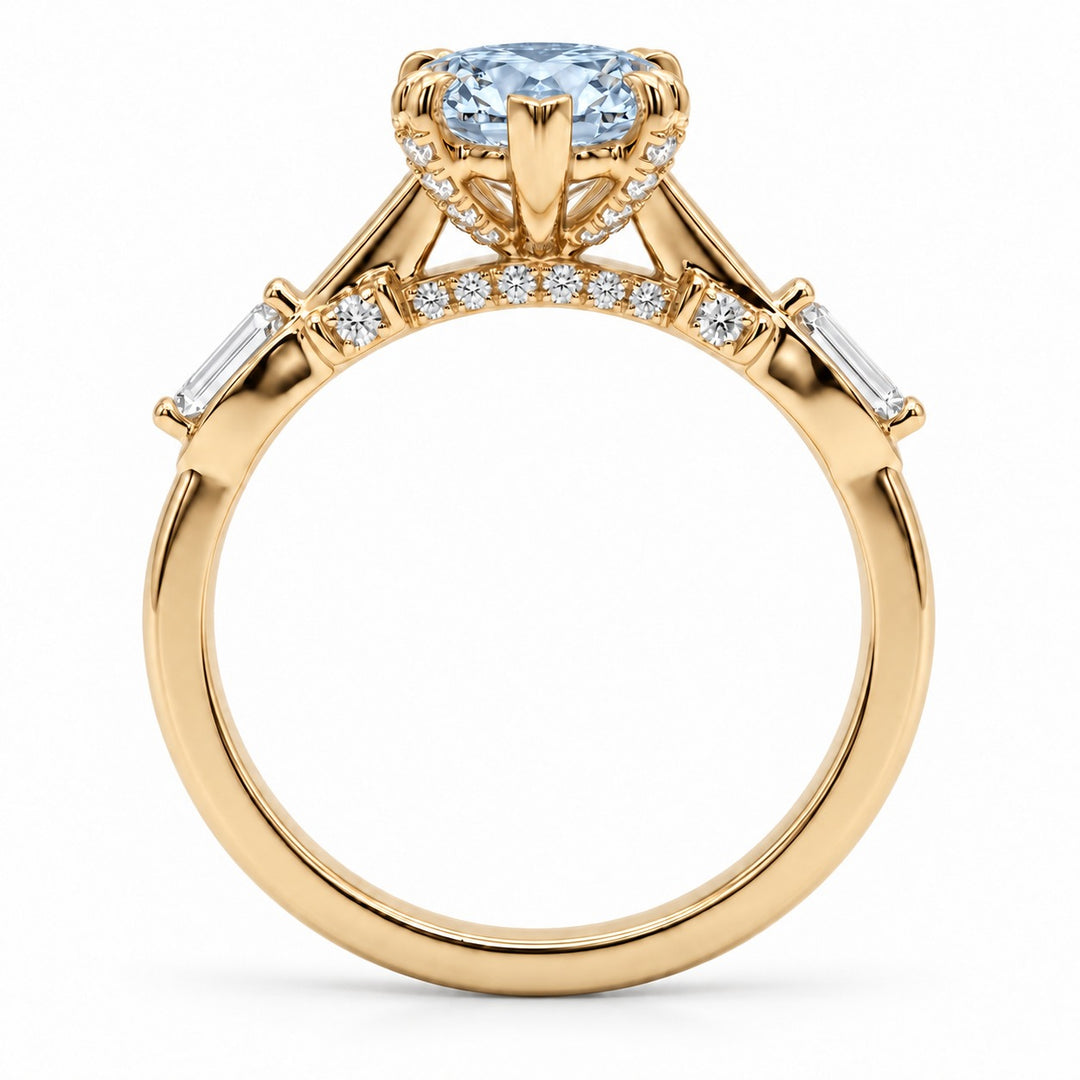 The Sovereign Crest with a blue lab-grown marquise diamond in 14K yellow gold, bridge detail