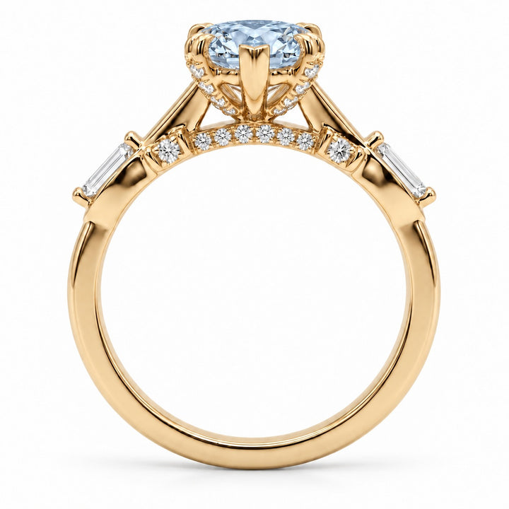 The Sovereign Crest with a blue lab-grown marquise diamond in 14K yellow gold, bridge detail
