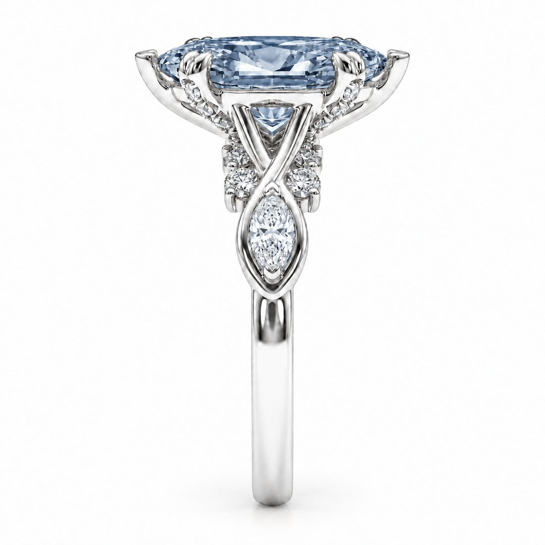 The Sovereign Crest with a blue lab-grown marquise diamond in 14K white gold, side profile