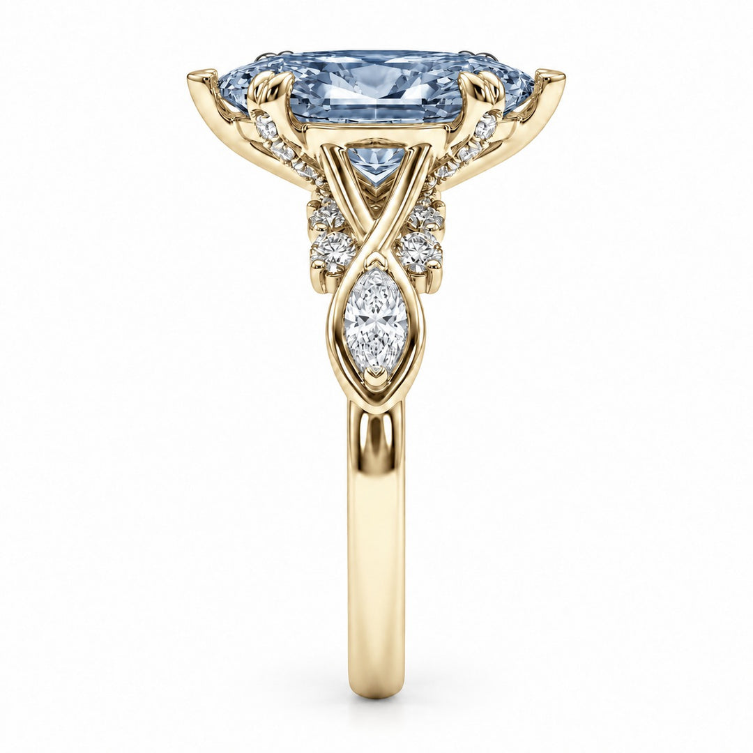 The Sovereign Crest with a blue lab-grown marquise diamond in 14K yellow gold, side profile