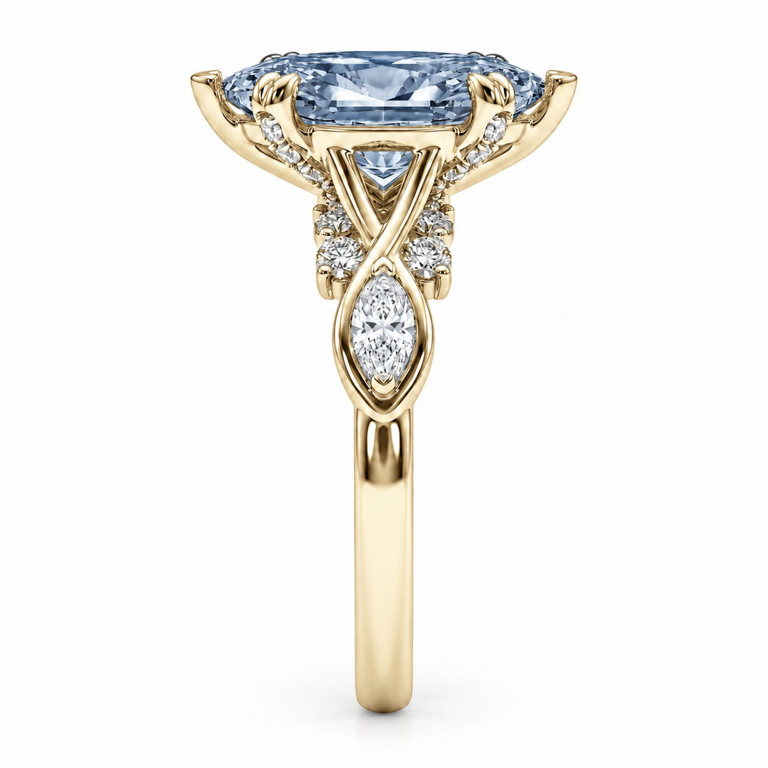 The Sovereign Crest with a blue lab-grown marquise diamond in 14K yellow gold, side profile
