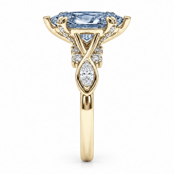 The Sovereign Crest with a blue lab-grown marquise diamond in 14K yellow gold, side profile