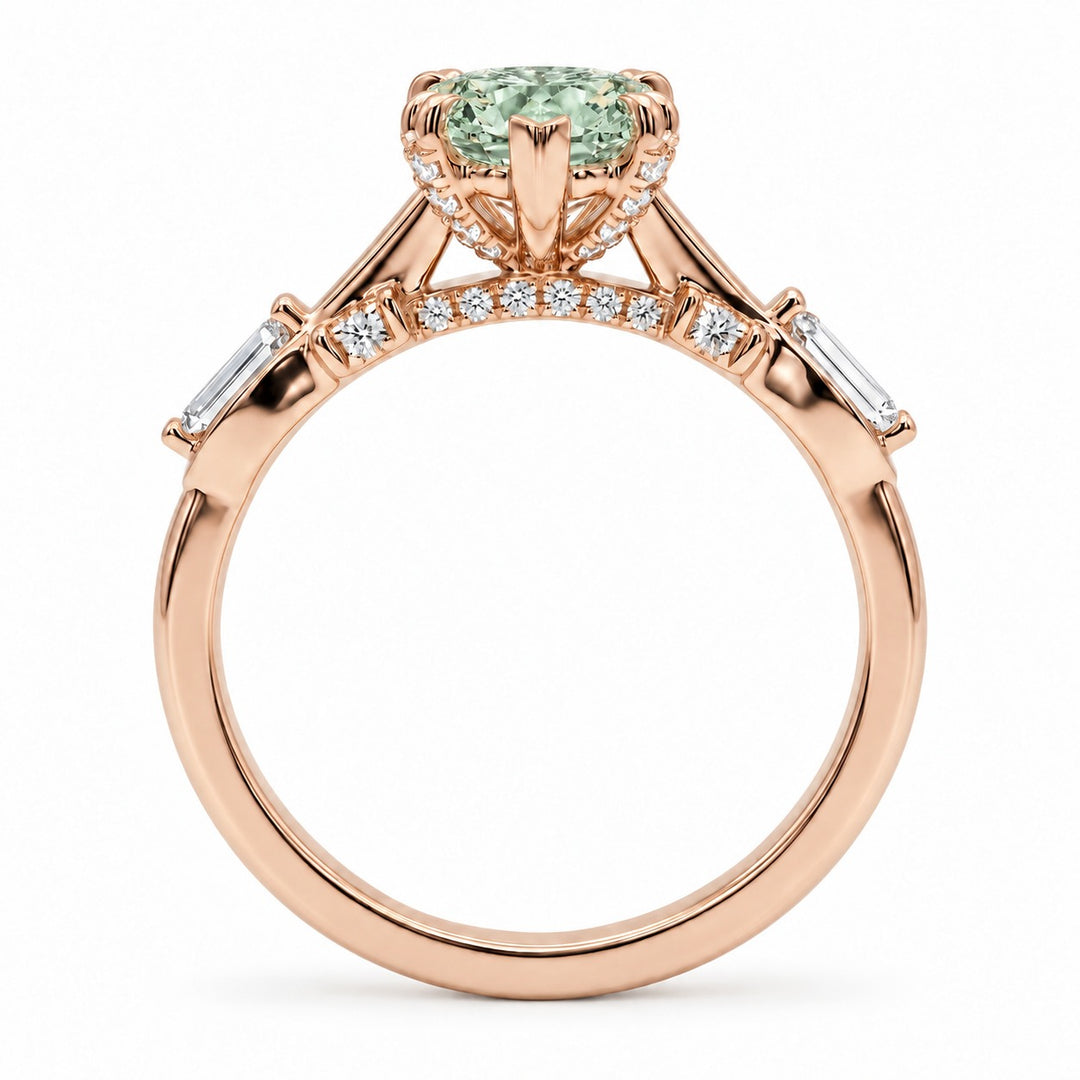 The Sovereign Crest with a green lab-grown marquise diamond in 14K rose gold, bridge detail