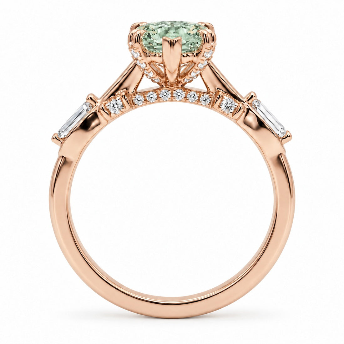 The Sovereign Crest with a green lab-grown marquise diamond in 14K rose gold, bridge detail