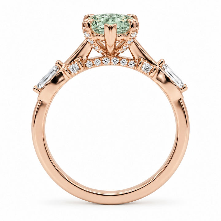 The Sovereign Crest with a green lab-grown marquise diamond in 14K rose gold, bridge detail