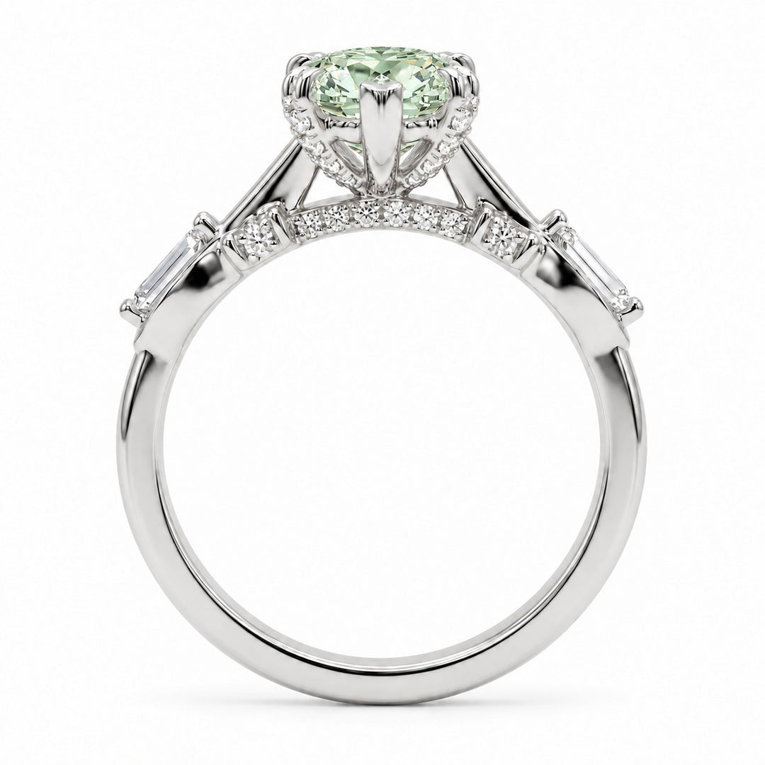 The Sovereign Crest with a green lab-grown marquise diamond in 14K white gold, bridge detail
