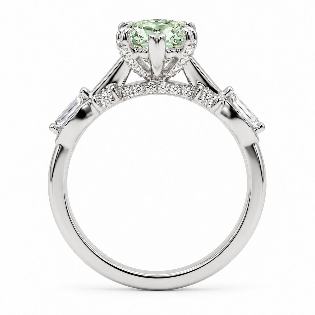 The Sovereign Crest with a green lab-grown marquise diamond in 14K white gold, bridge detail