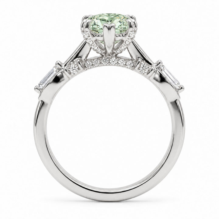 The Sovereign Crest with a green lab-grown marquise diamond in 14K white gold, bridge detail