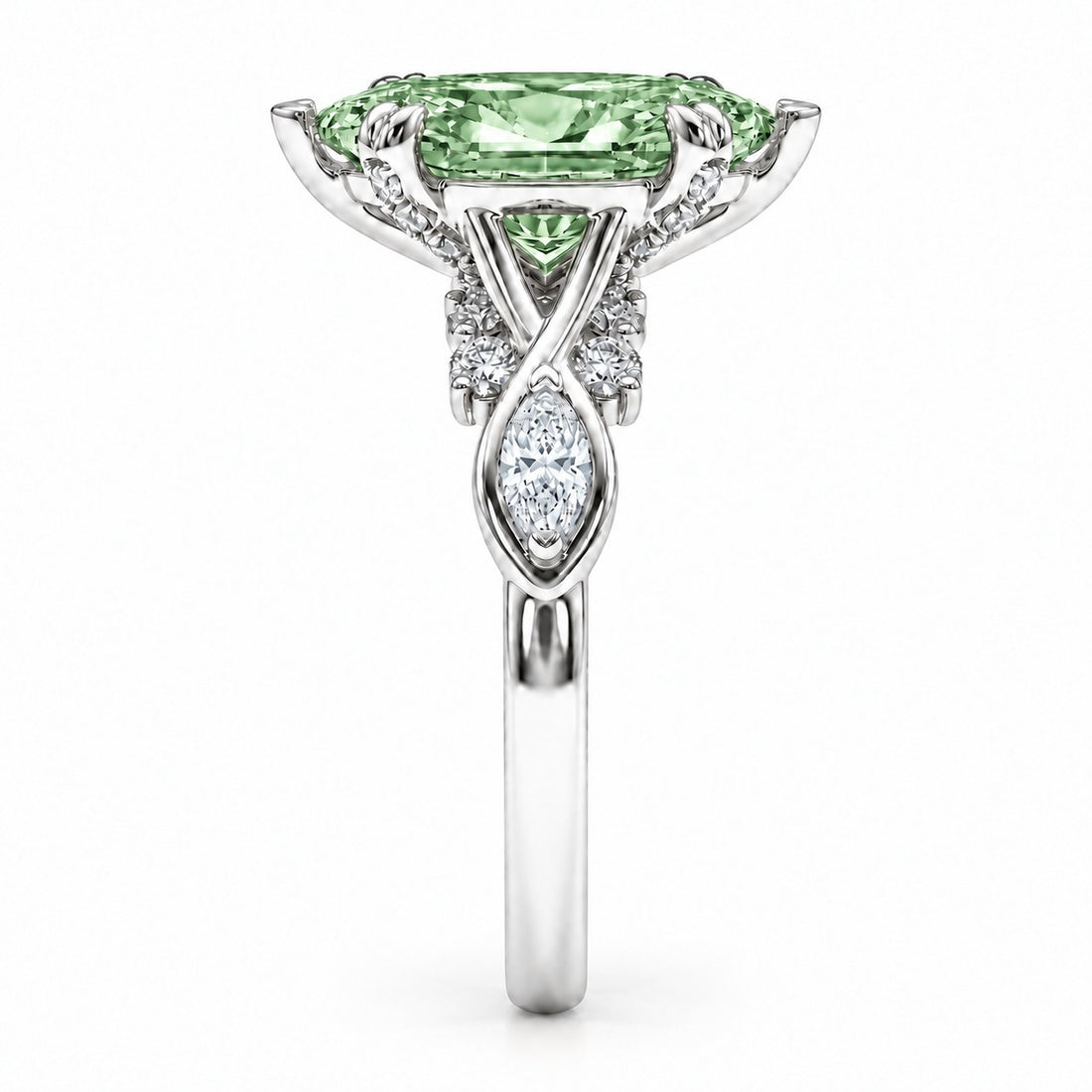 The Sovereign Crest with a green lab-grown marquise diamond in 14K white gold, side profile