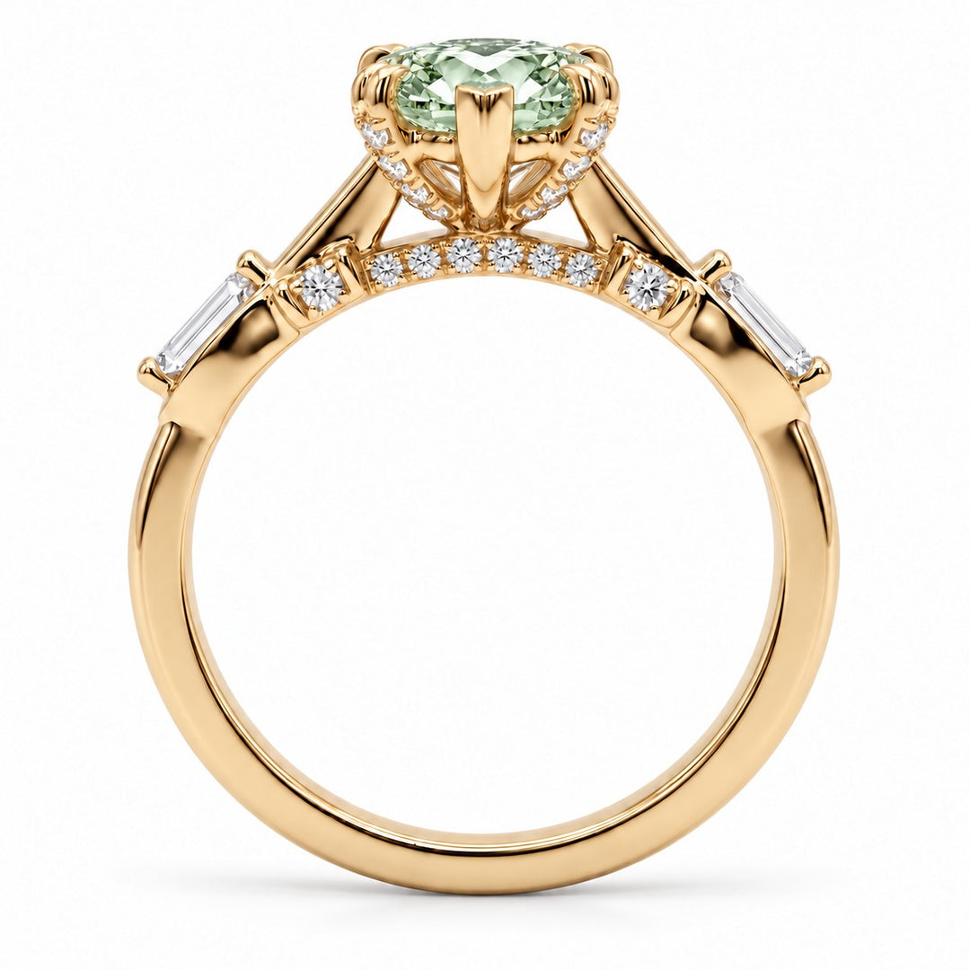 The Sovereign Crest with a green lab-grown marquise diamond in 14K yellow gold, bridge detail
