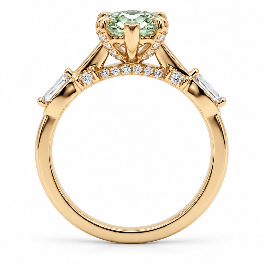The Sovereign Crest with a green lab-grown marquise diamond in 14K yellow gold, bridge detail