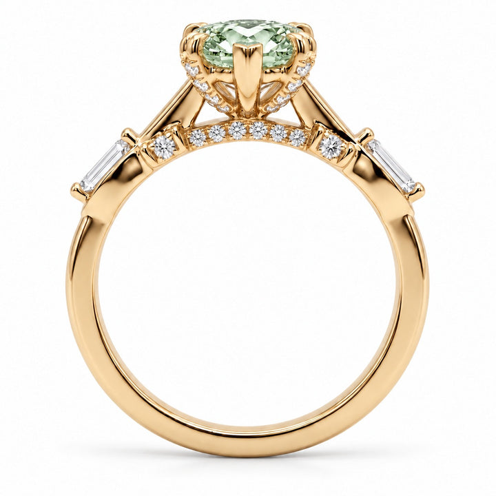 The Sovereign Crest with a green lab-grown marquise diamond in 14K yellow gold, bridge detail