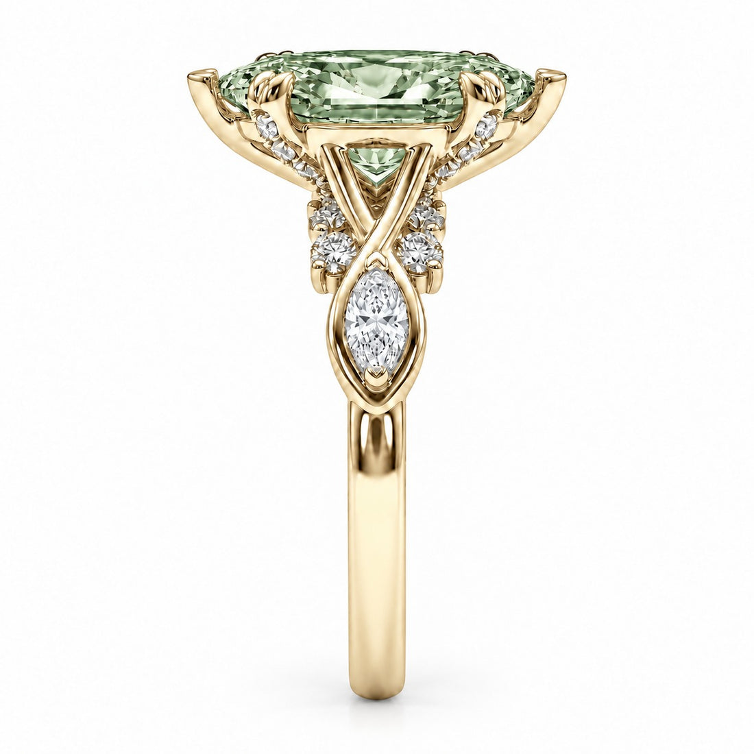 The Sovereign Crest with a green lab-grown marquise diamond in 14K yellow gold, side profile