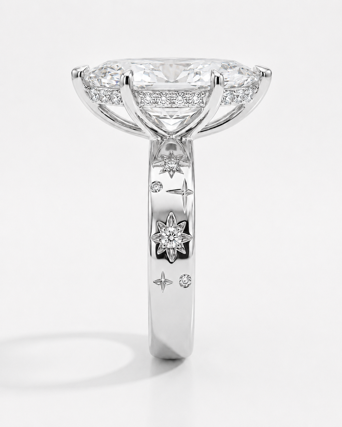 The Starlight marquise lab diamond ring with engraved star band, view 10