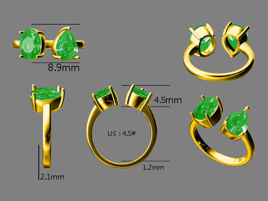 Customized toi et moi band Pear and Oval Emerald Ring