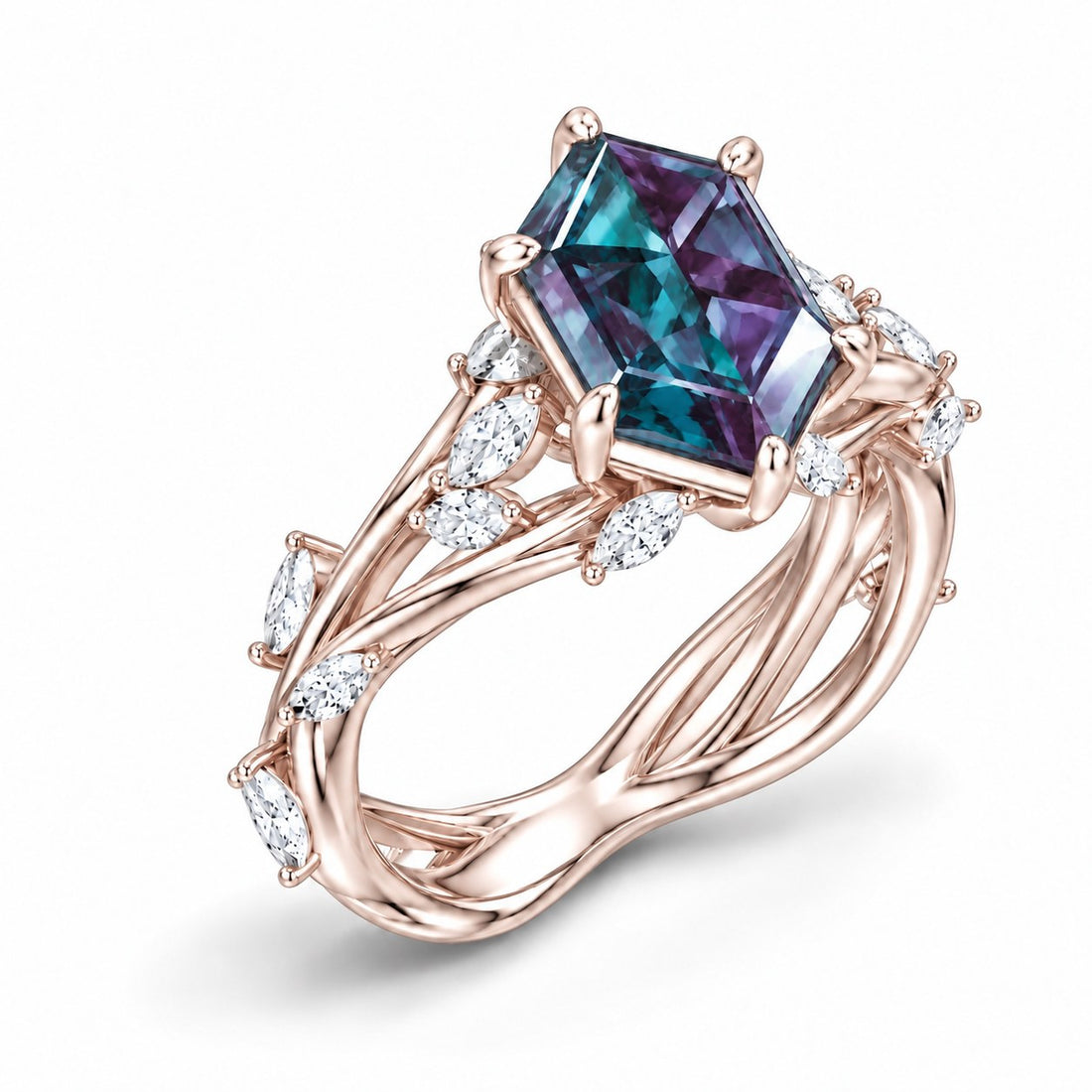 The Verbena — Dutch Marquise Alexandrite Garden Ring, North-South, in 14K rose gold, angled view