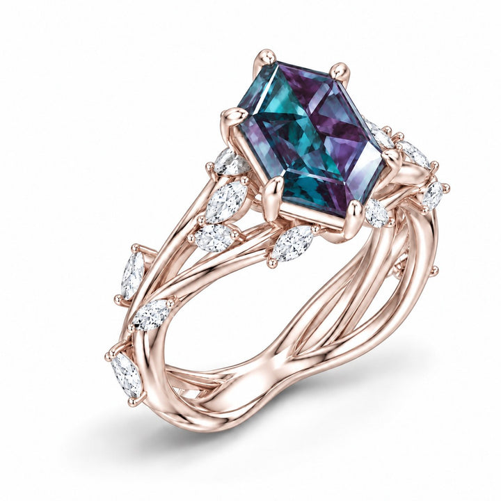 The Verbena — Dutch Marquise Alexandrite Garden Ring, North-South, in 14K rose gold, angled view