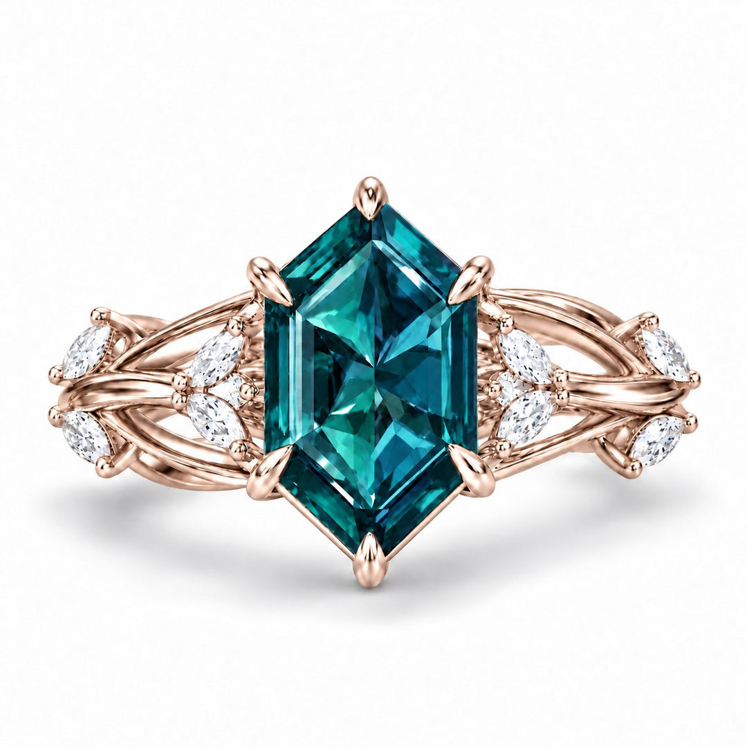 The Verbena — Dutch Marquise Alexandrite Garden Ring, North-South, in 14K rose gold, in daylight