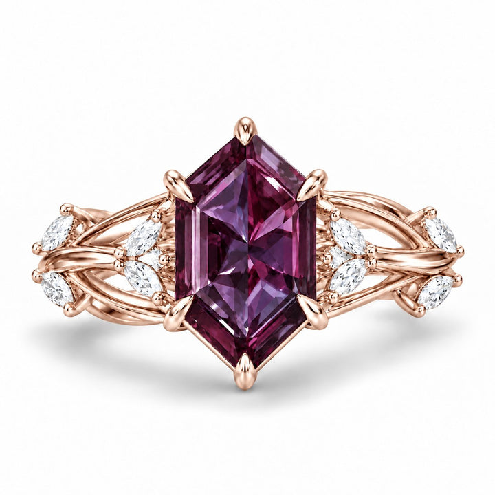 The Verbena — Dutch Marquise Alexandrite Garden Ring, North-South, in 14K rose gold, in warm light