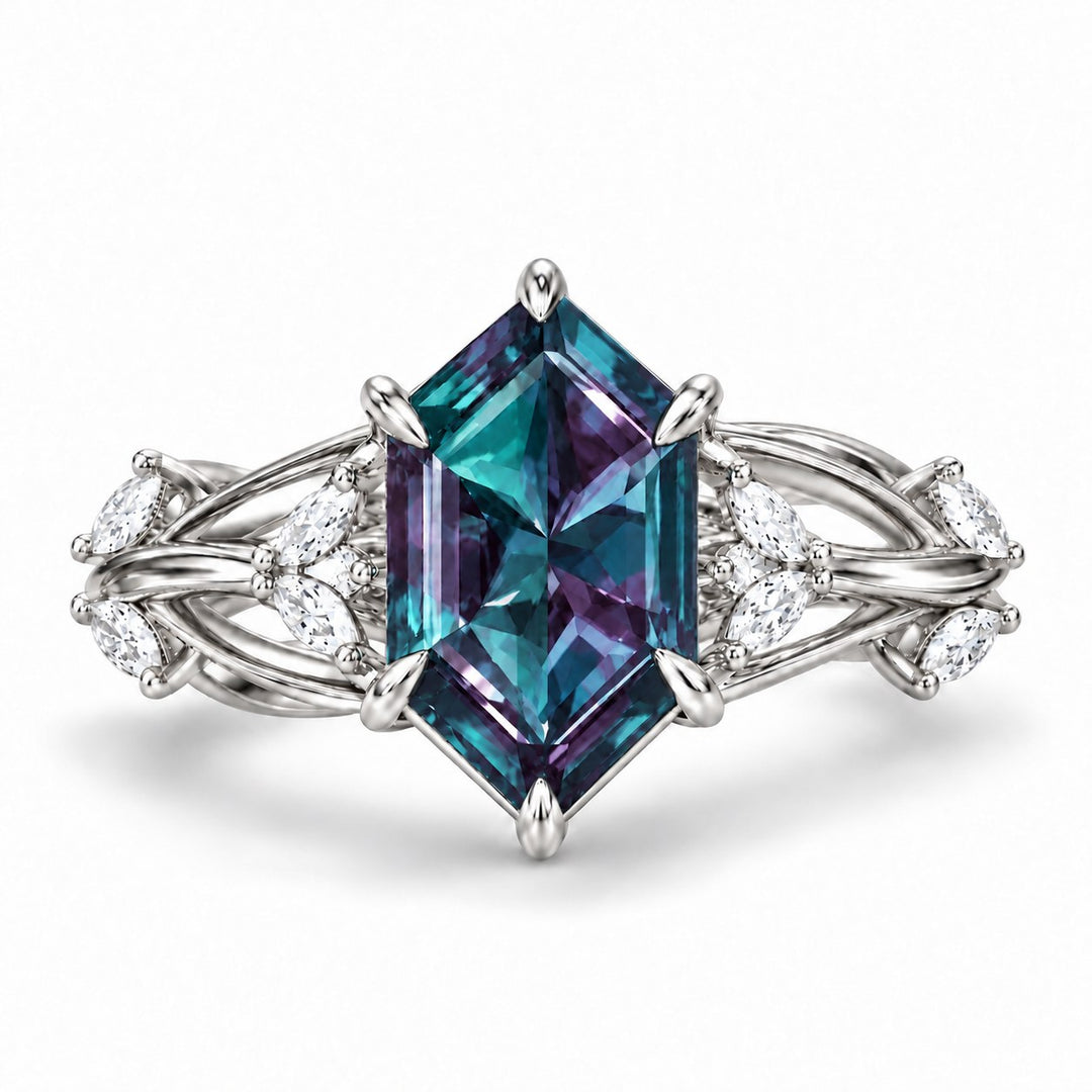 The Verbena — Dutch Marquise Alexandrite Garden Ring, North-South, in 14K white gold