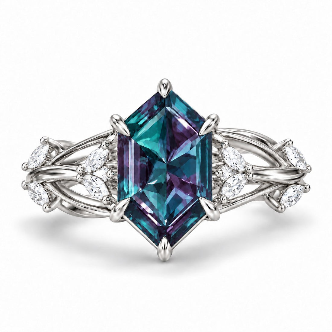 The Verbena — Dutch Marquise Alexandrite Garden Ring, North-South, in 14K white gold