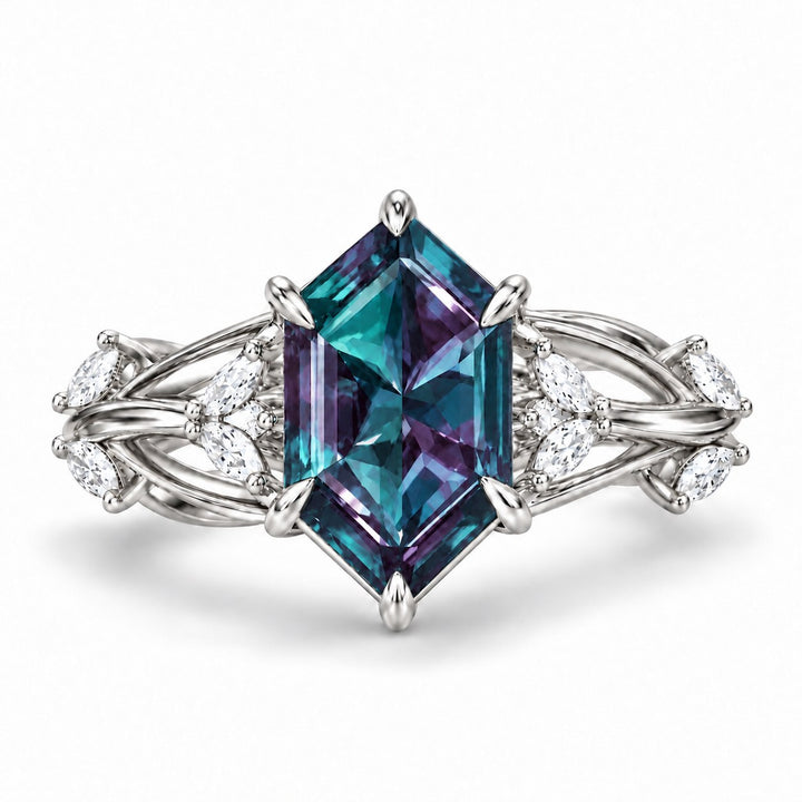 The Verbena — Dutch Marquise Alexandrite Garden Ring, North-South, in 14K white gold