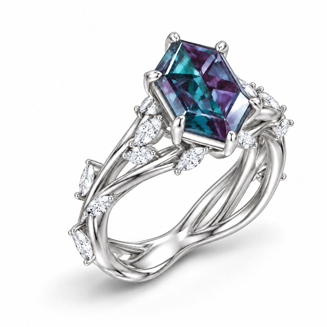The Verbena — Dutch Marquise Alexandrite Garden Ring, North-South, in 14K white gold, angled view