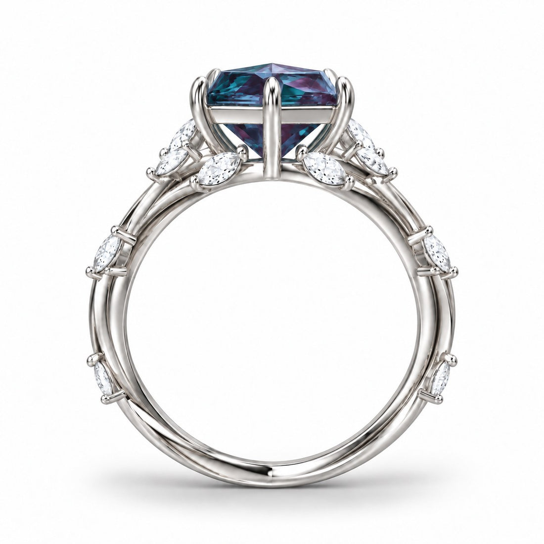 The Verbena — Dutch Marquise Alexandrite Garden Ring, North-South, in 14K white gold, profile view